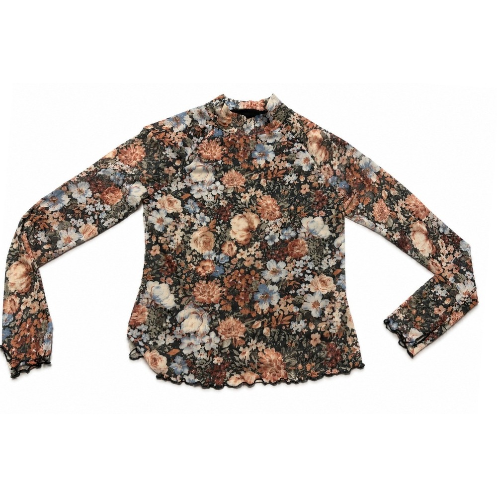 Dealmore Floral Mesh‎ Top Womens Medium Mock Neck Lettuce Edge Long Sleeve Black